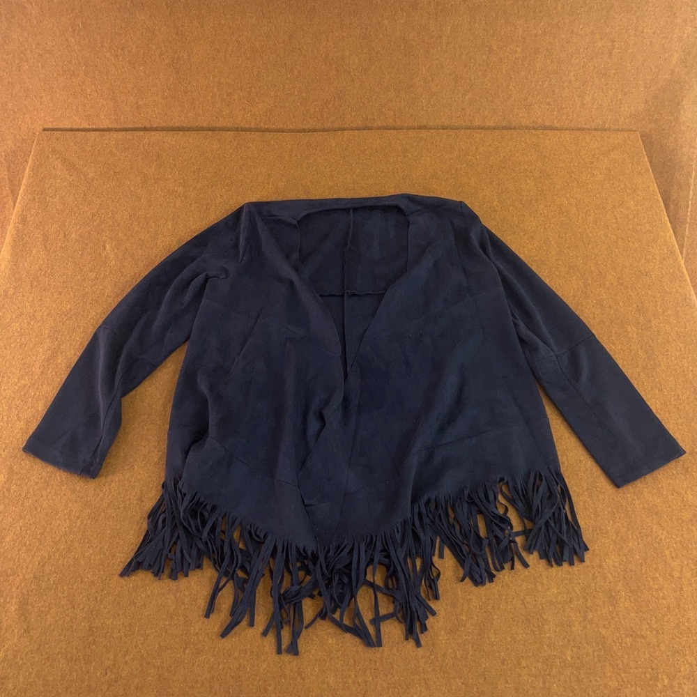 Forty Four Fifty Womens Size Medium Navy Faux Suede Fringe Hem Open Front Jacket